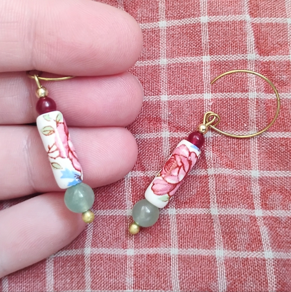 SOLD Handmade Dainty Rose Earrings With Stone Accents - Picture 4 of 5